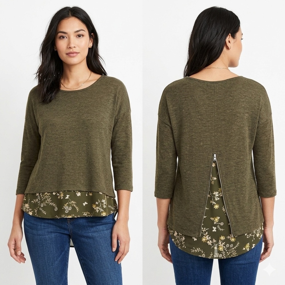 New York & Company Olive Green Layered Blouse large